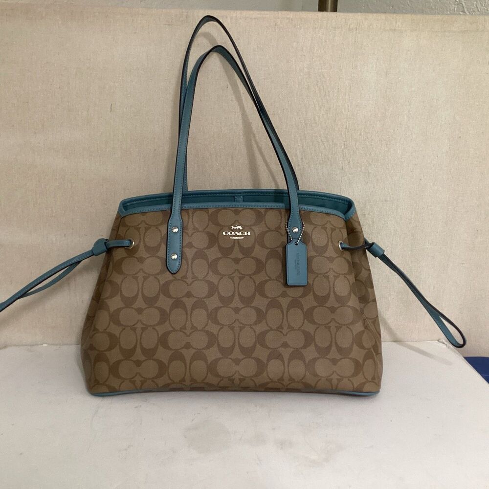 coach bag F57842 khaki/powder blue drawstring carryall signature canvas